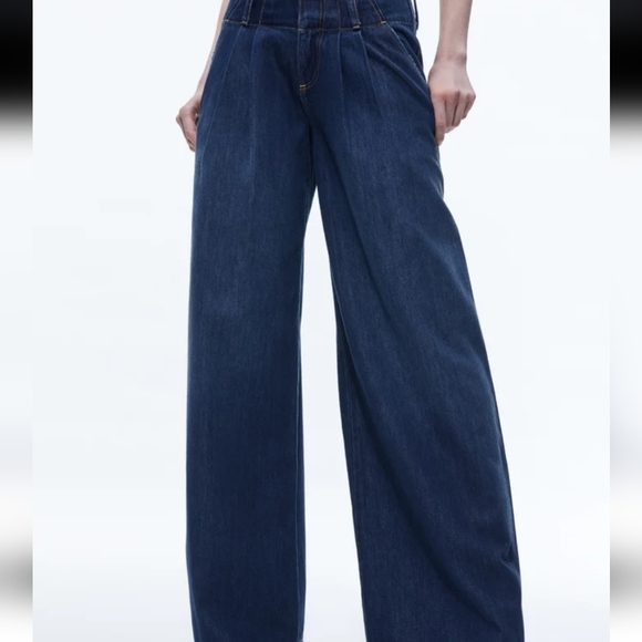 Alice + Olivia Anders Low Rise Pleated Wide Leg Jeans Love Train Dark Wash Sz 29 - Picture 4 of 16